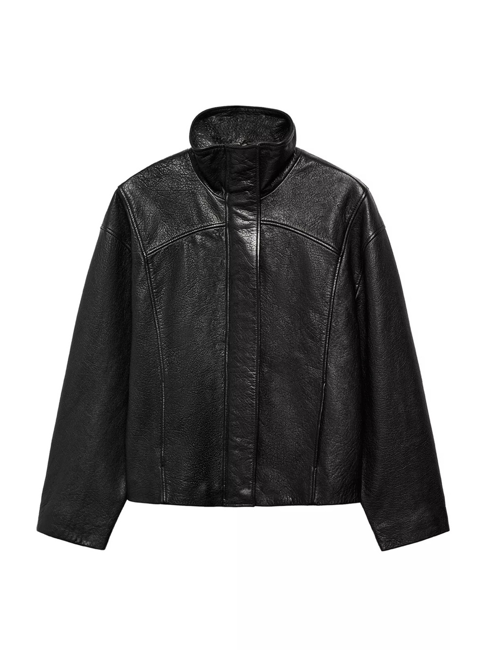 Zara 100% REAL leather black viral oversized High-Collar Jacket Size s! NWT